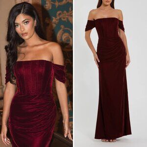 Mac Duggal 11752 Size 2 Red Velvet Off The Shoulder Bustier Long Maxi Dress Gown